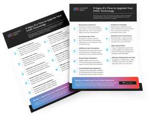 3D mockup of an HVAC business ebook titled ‘9 Signs It’s Time to Upgrade Your HVAC Technology,’ outlining key indicators for improving efficiency with new tools