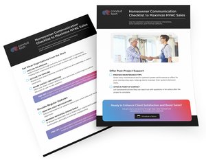3D mockup of an HVAC business ebook titled ‘Homeowner Communication Checklist to Maximize HVAC Sales,’ providing strategies for effective client interactions and sales growth